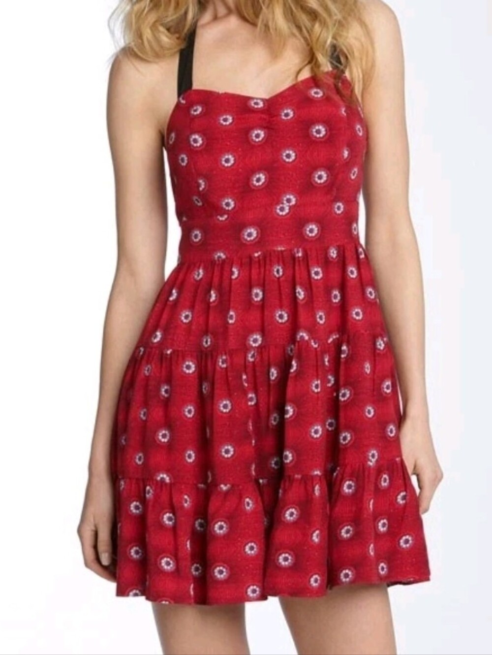 Free People Peekaboo Print Halter Tiered Mini Dress Red Size 2